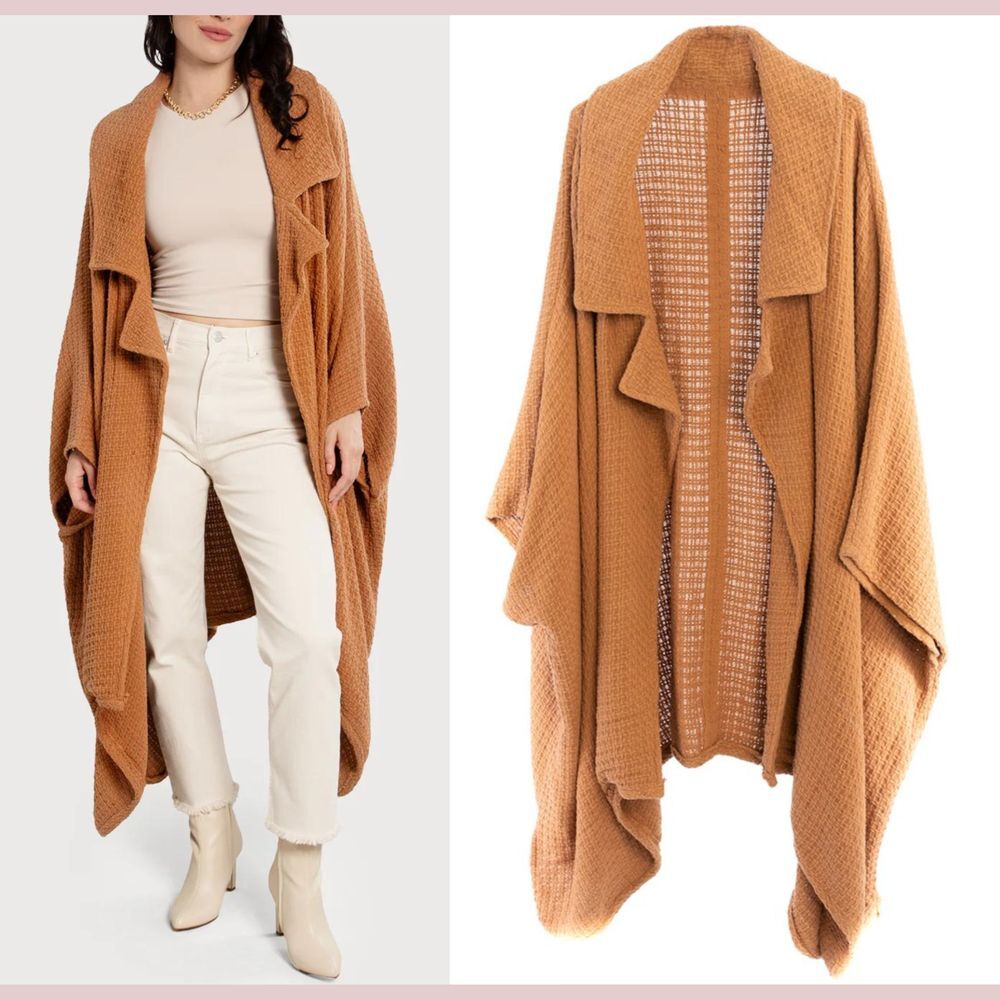$240 SAACHI [ OS‎ ] Oversized Waffle Knit Collared  Jacket In Brown